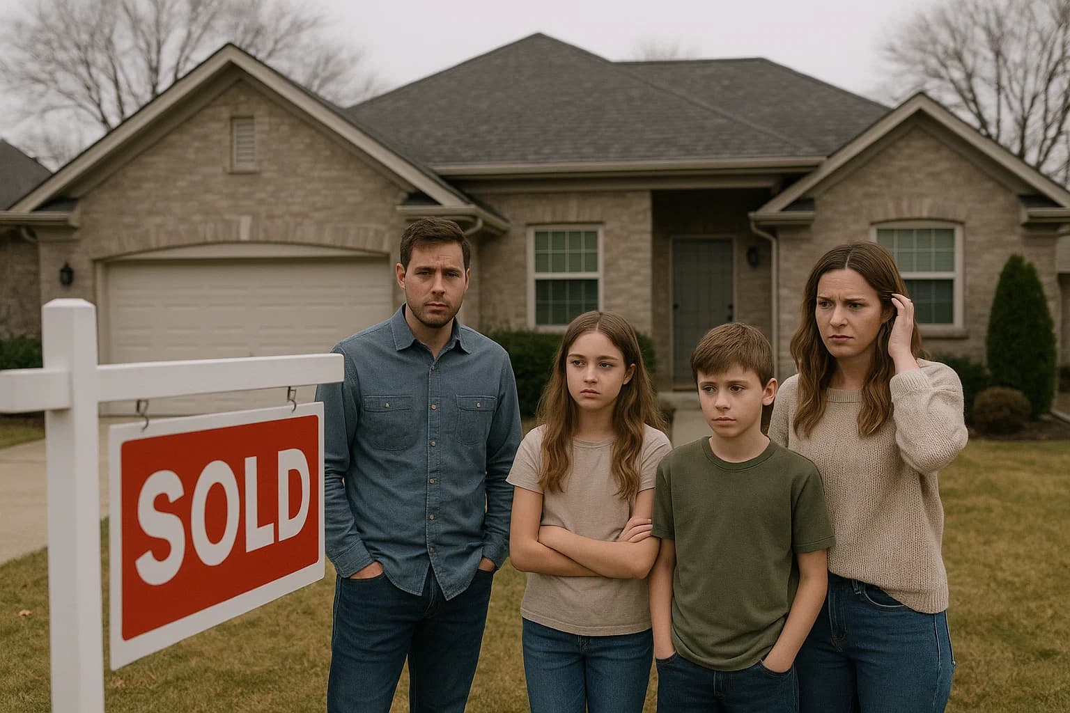 Concerned family in front of a house with a sold sign, illustrating property fraud impact.