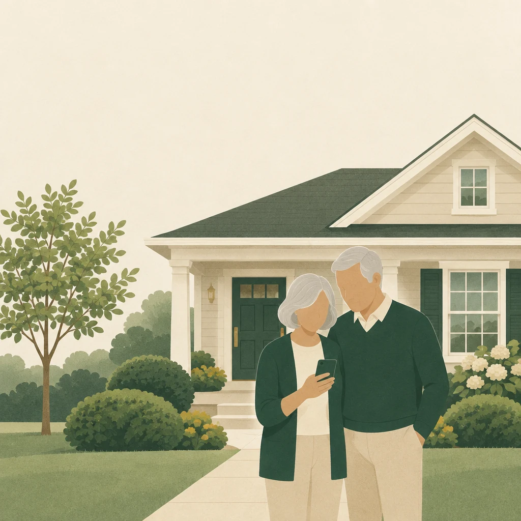 Illustration of an older couple in front of their home, looking at a phone together